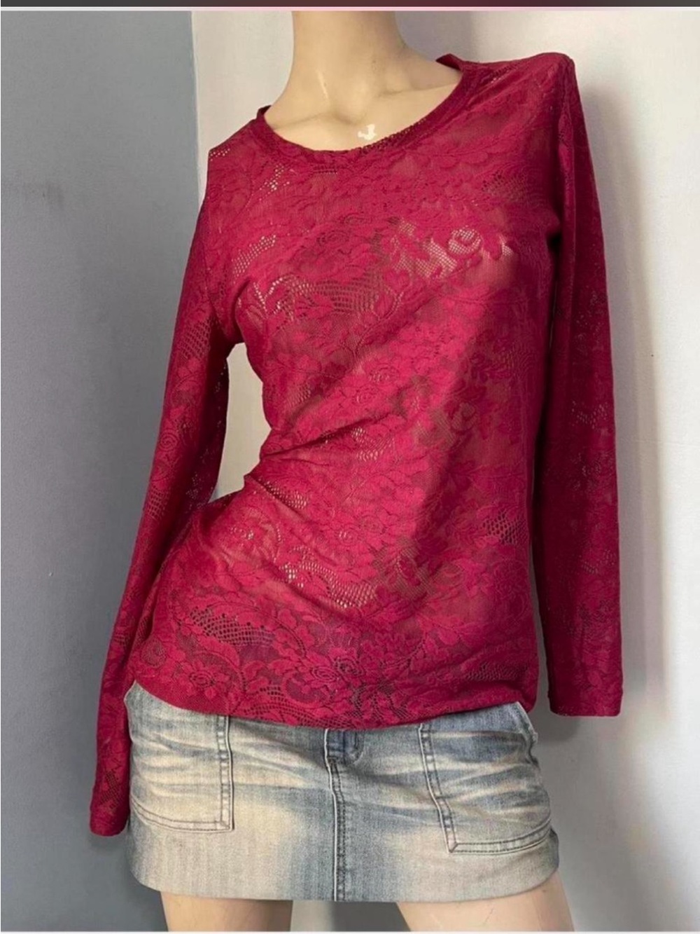 Cocomo Sheer Floral Lace Long-Sleeve Top in Berry Red